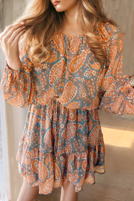Ruffle Hem Printed Long Sleeve Dress.