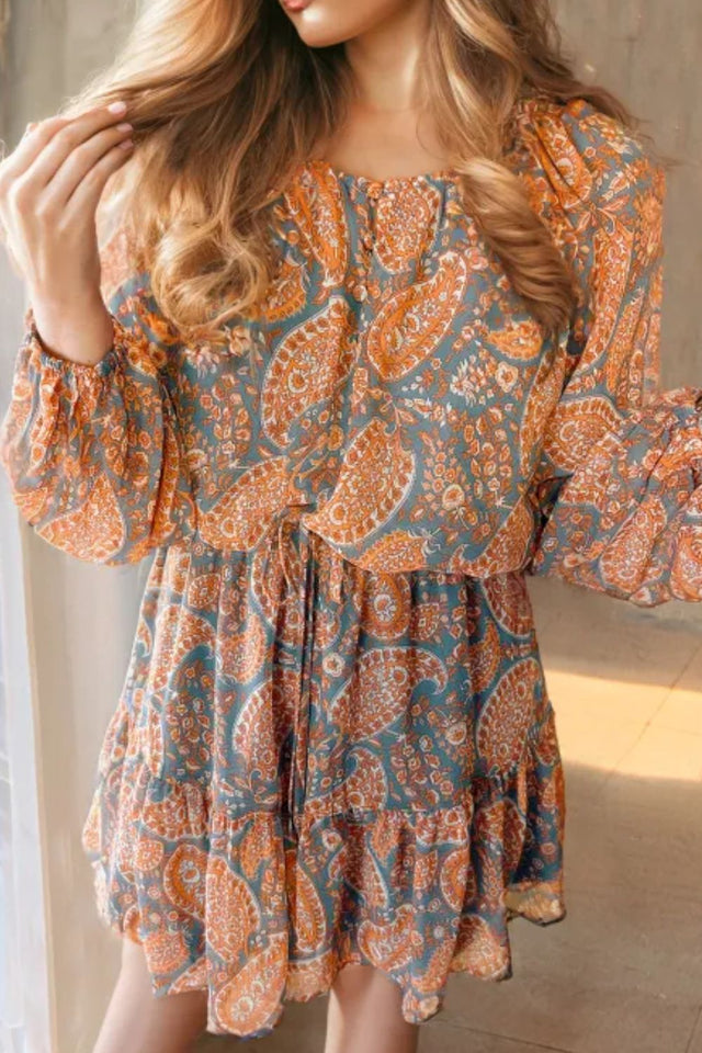 Ruffle Hem Printed Long Sleeve Dress.