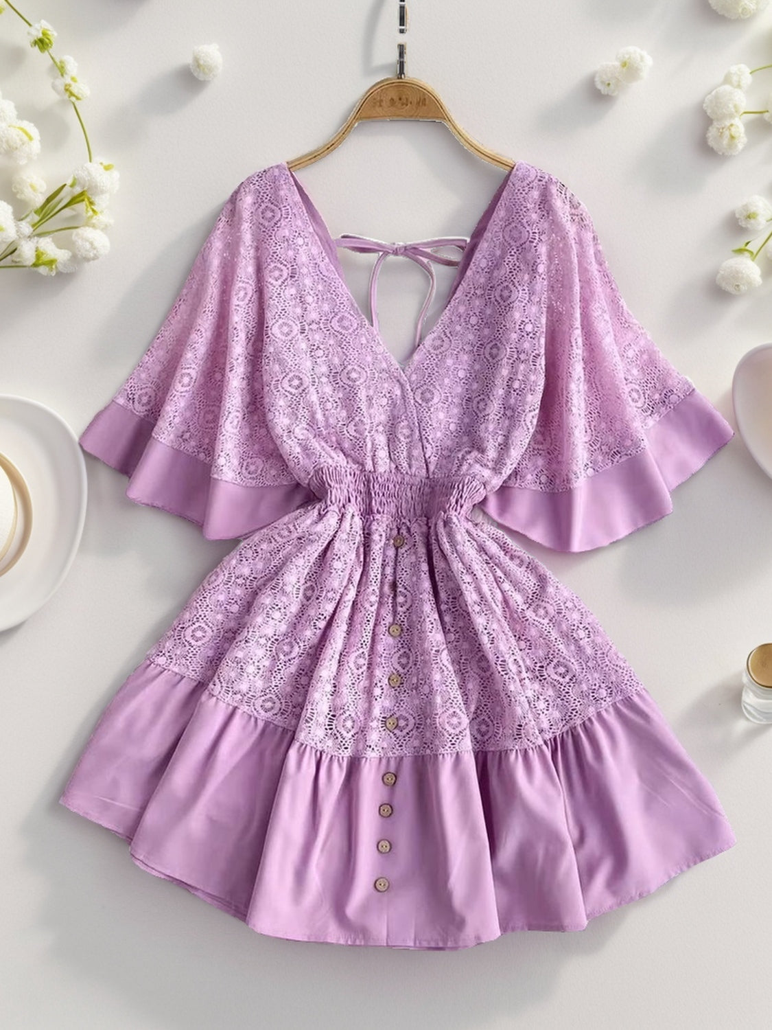 Ruffle Hem Tie Back Lace Mini Dress.