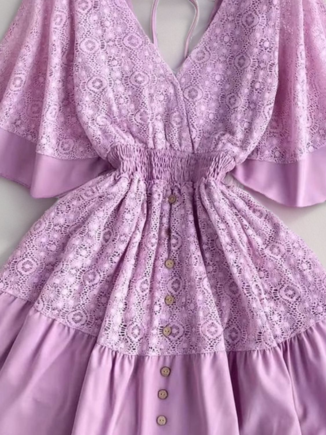 Ruffle Hem Tie Back Lace Mini Dress.