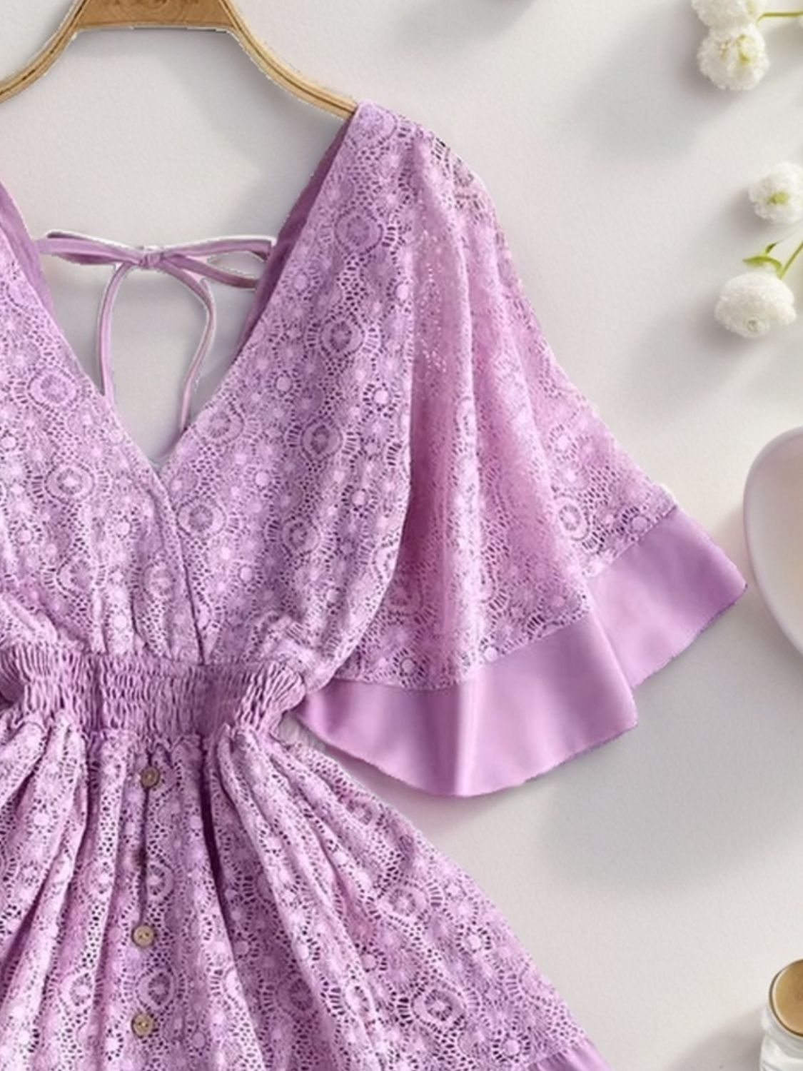 Ruffle Hem Tie Back Lace Mini Dress.