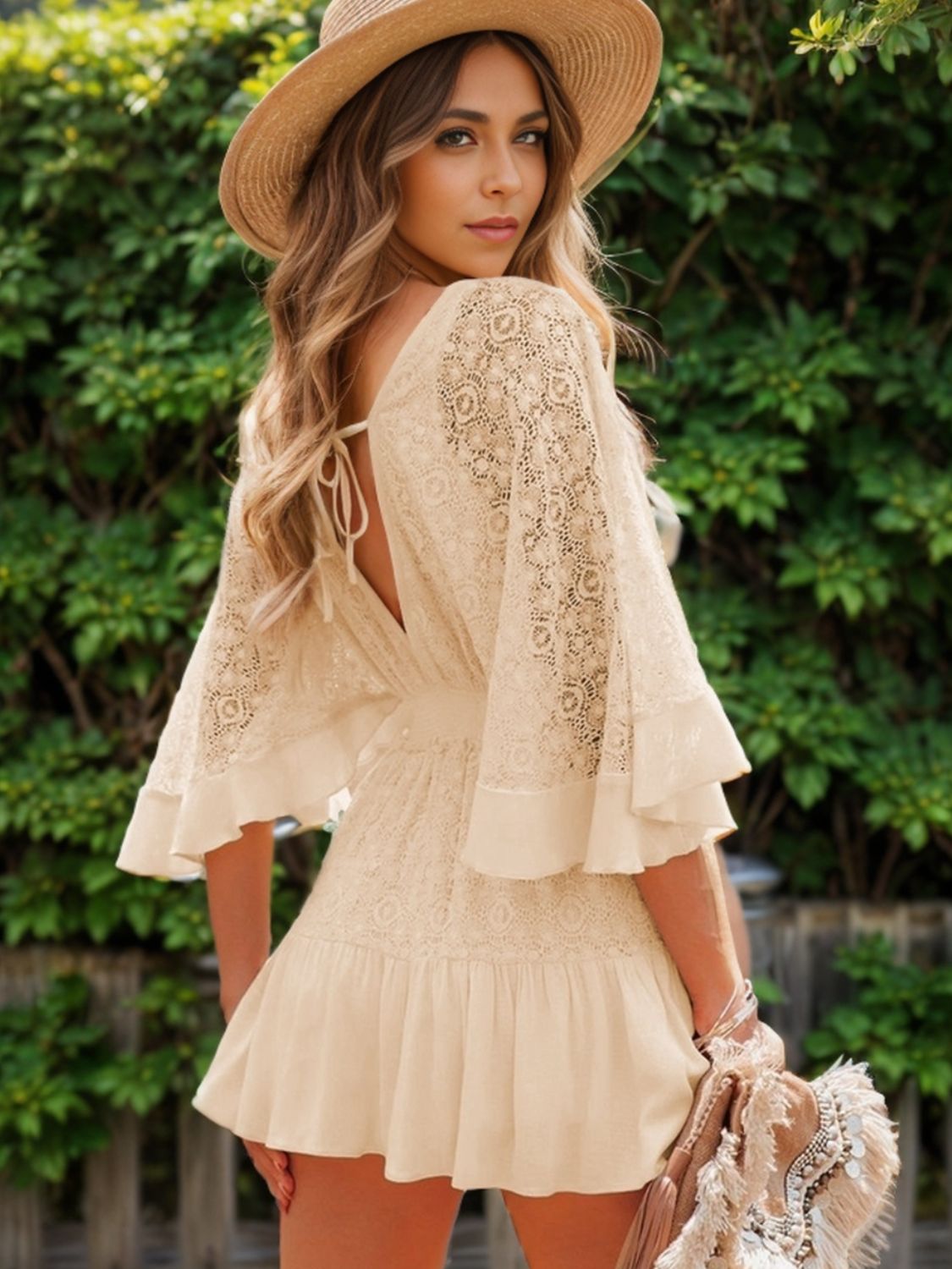 Ruffle Hem Tie Back Lace Mini Dress.