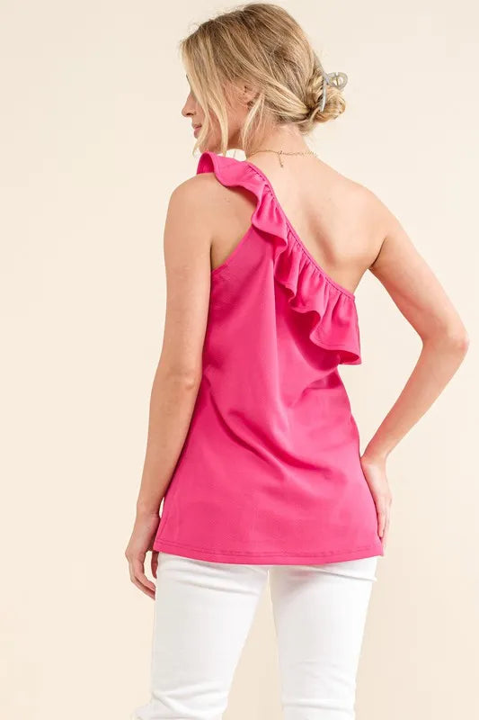 Ruffle one shoulder sleeveless tank top with asymmetrical design, slightly stretchy.