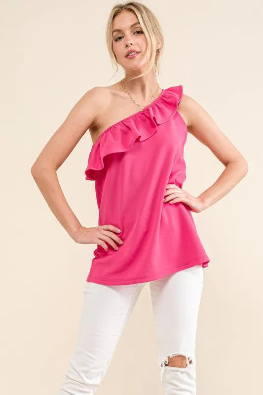 Ruffle one shoulder sleeveless tank top with asymmetrical design, slightly stretchy.