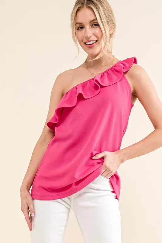 Ruffle one shoulder sleeveless tank top with asymmetrical design, slightly stretchy.