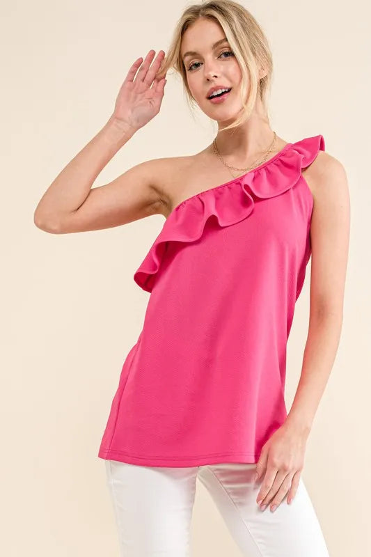 Ruffle one shoulder sleeveless tank top with asymmetrical design, slightly stretchy.