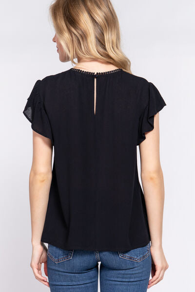 Active Basic Ruffle Short Sleeve Crochet Blouse.