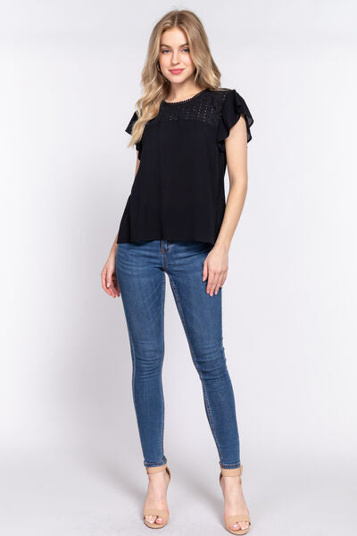 Active Basic Ruffle Short Sleeve Crochet Blouse.