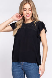 Active Basic Ruffle Short Sleeve Crochet Blouse.