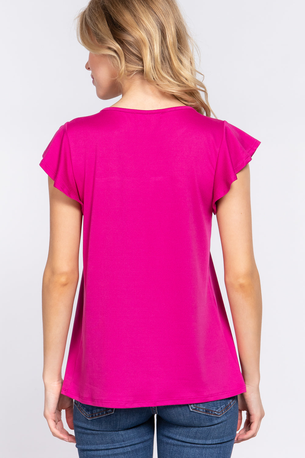 Active Basic Ruffle Short Sleeve Lace Detail Knit Top.
