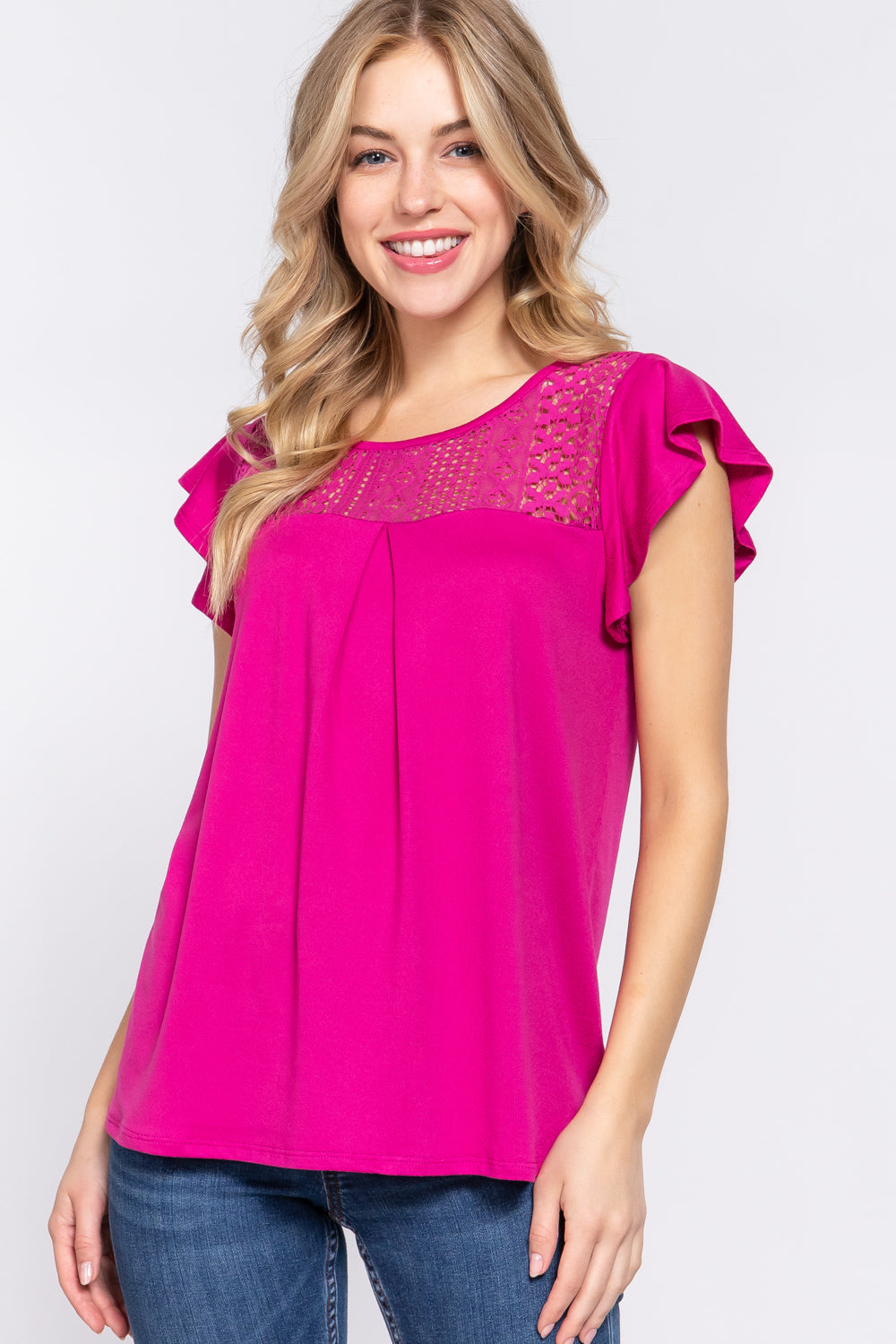 Active Basic Ruffle Short Sleeve Lace Detail Knit Top.