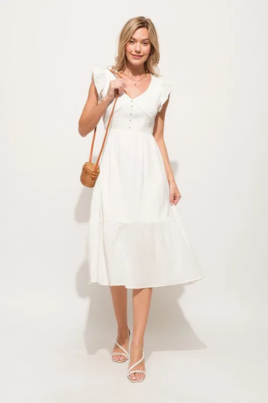 And The Why Ruffle Sleeve Front Smocked Tiered Midi Dress.
