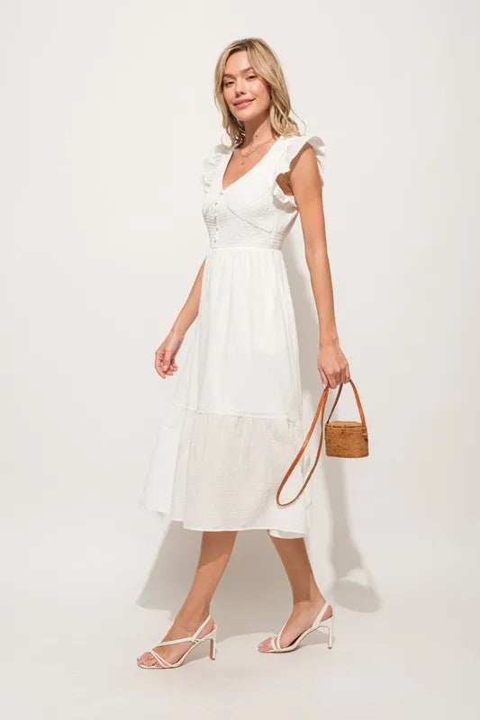 And The Why Ruffle Sleeve Front Smocked Tiered Midi Dress.
