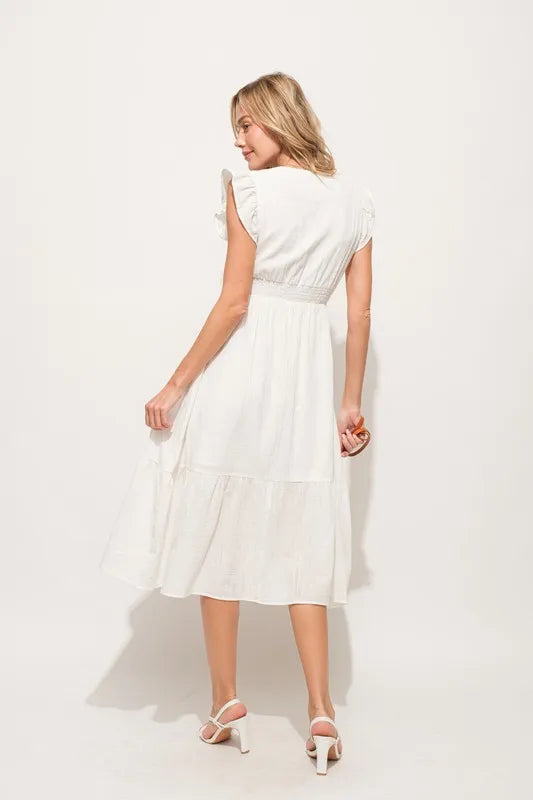 And The Why Ruffle Sleeve Front Smocked Tiered Midi Dress.