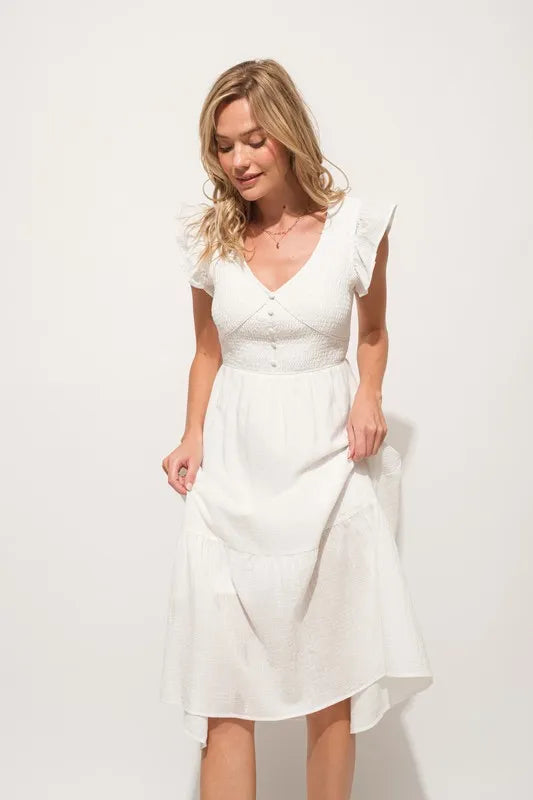 And The Why Ruffle Sleeve Front Smocked Tiered Midi Dress.