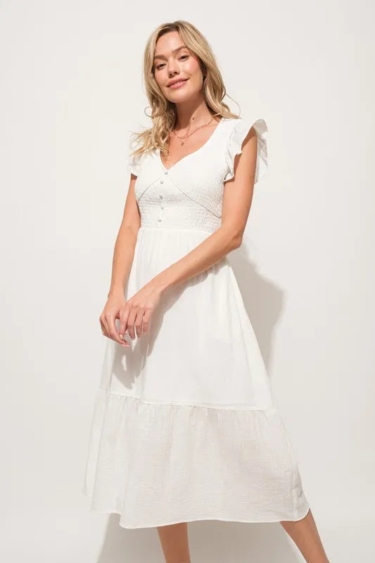 And The Why Ruffle Sleeve Front Smocked Tiered Midi Dress.