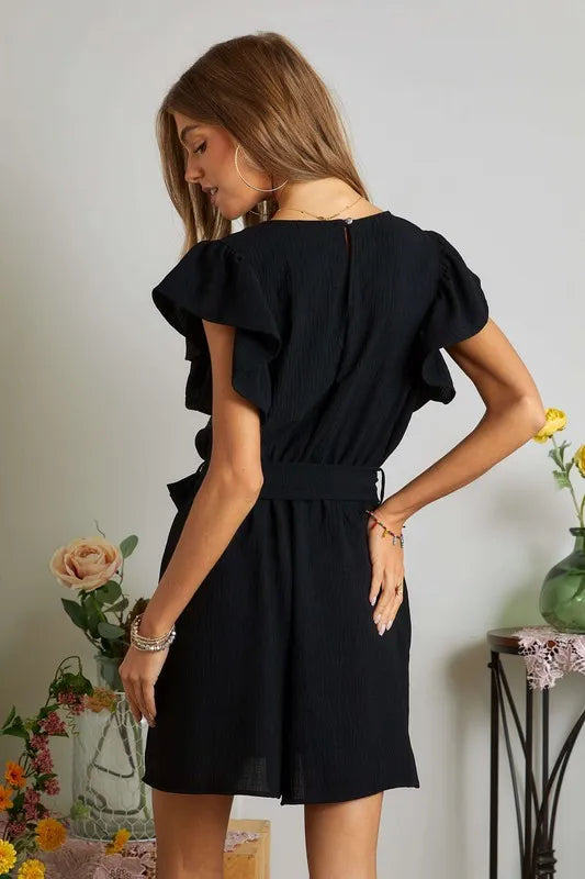 Ruffle Sleeves Romper with Pockets, Tied and Ruched.