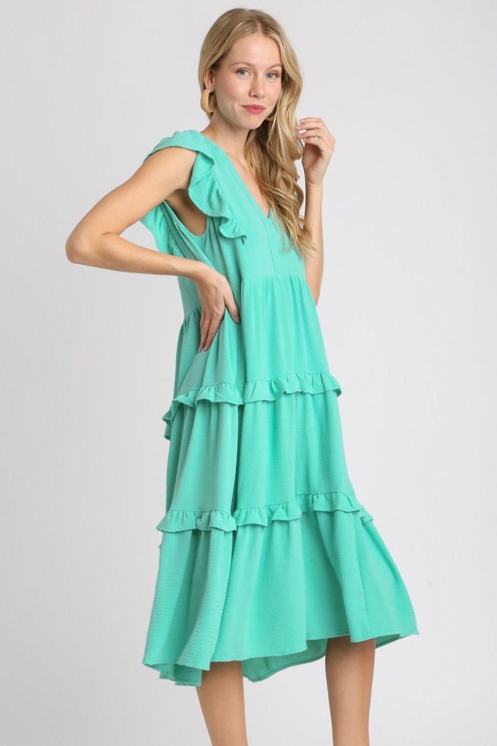 Umgee Full Size Ruffle Tiered Cap Sleeve Midi Dress Plus Size.