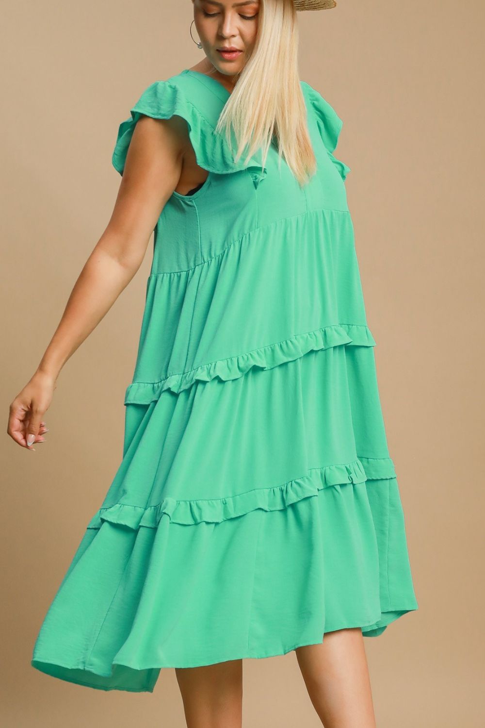 Umgee Full Size Ruffle Tiered Cap Sleeve Midi Dress Plus Size.