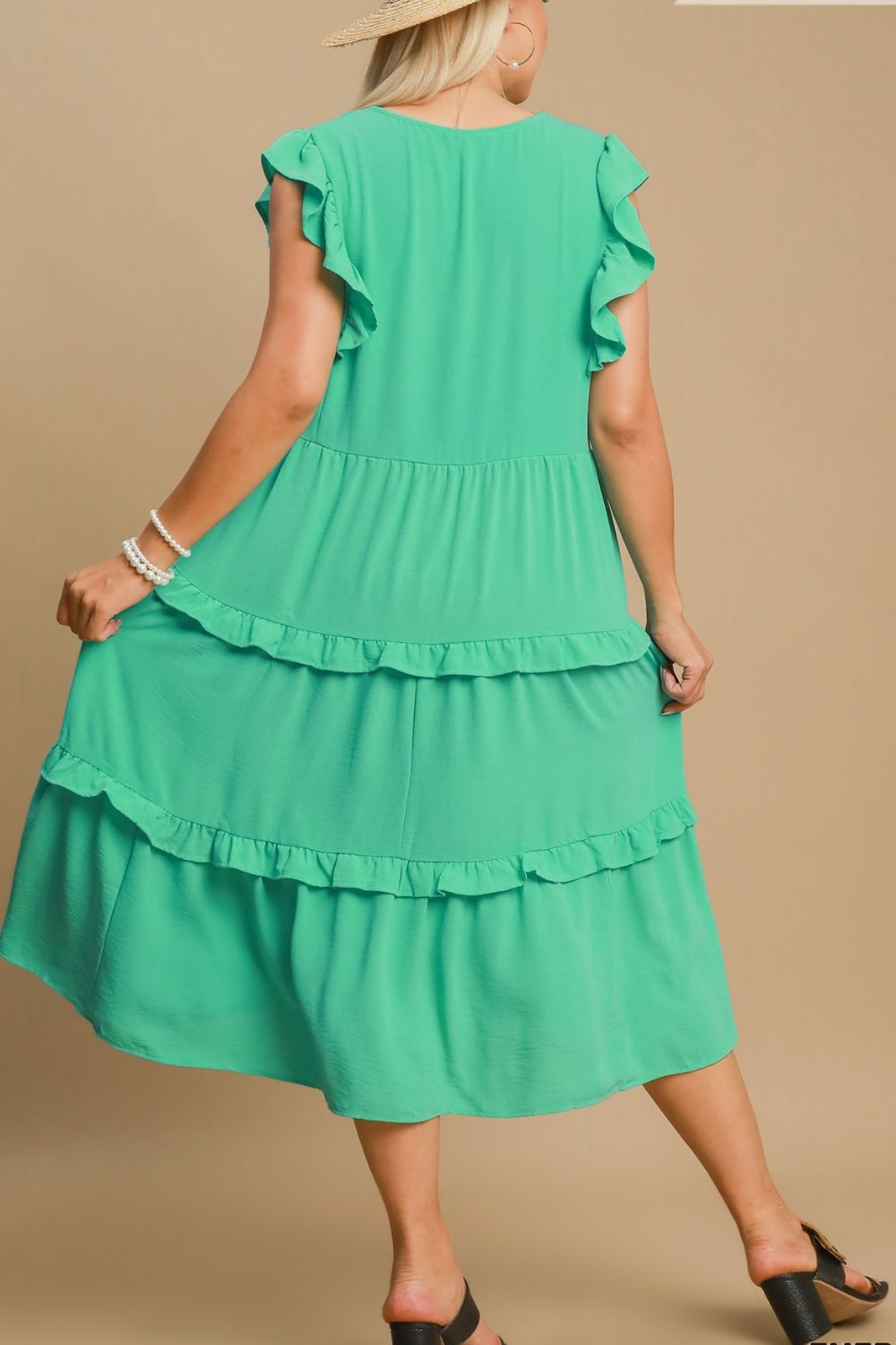 Umgee Full Size Ruffle Tiered Cap Sleeve Midi Dress Plus Size.