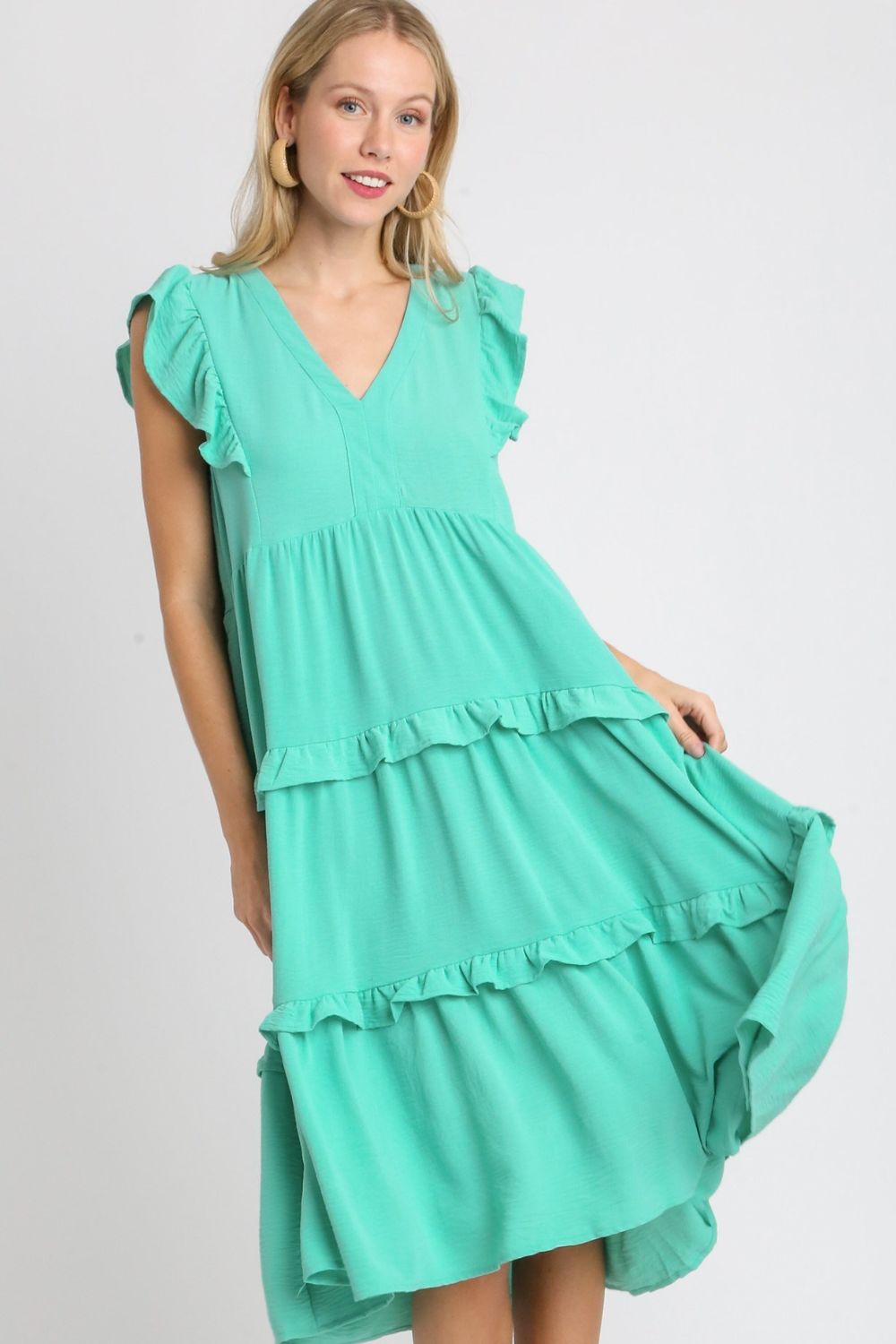 Umgee Full Size Ruffle Tiered Cap Sleeve Midi Dress Plus Size.