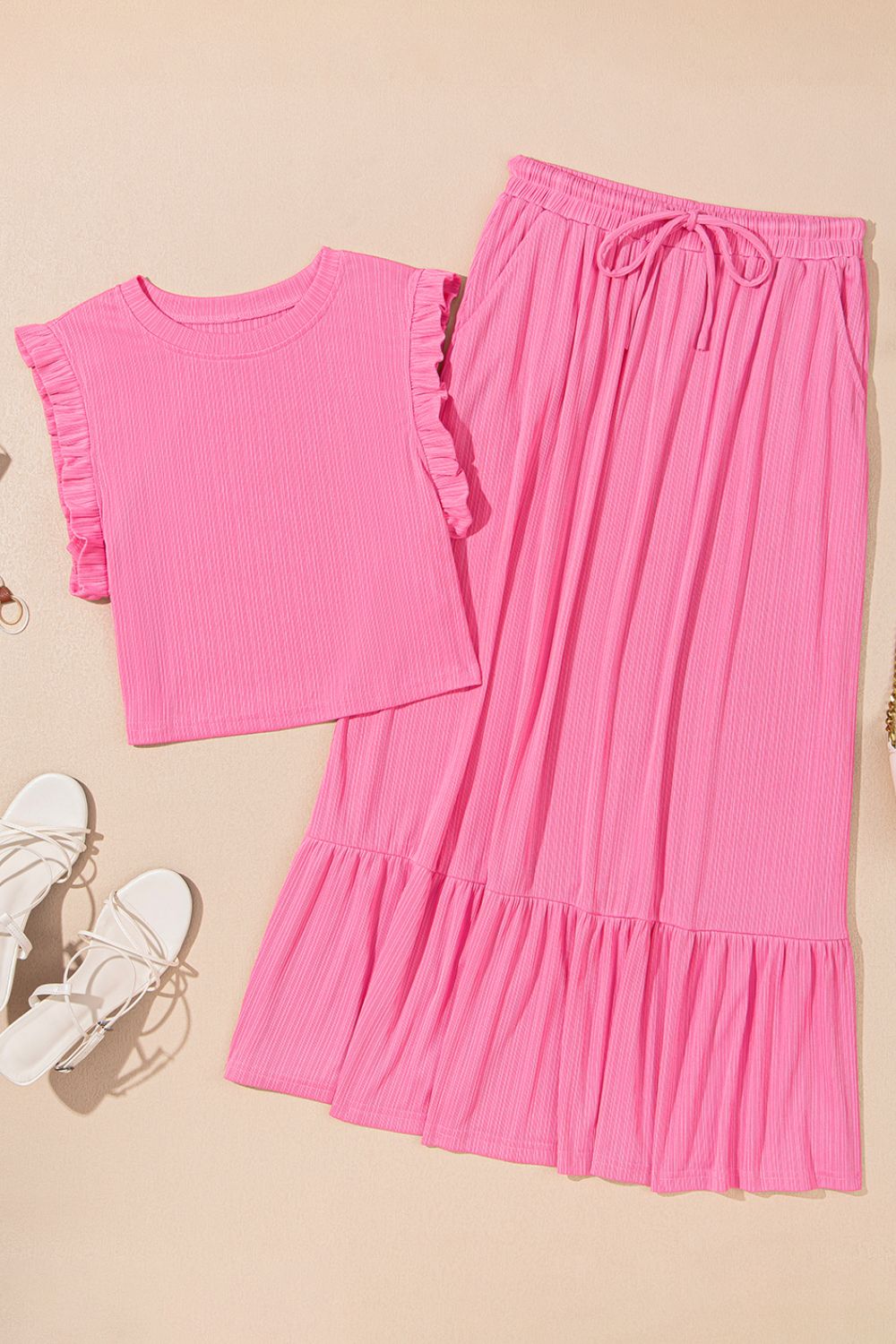 Ruffle Trim Round Neck Top and Drawstring Skirt Set.