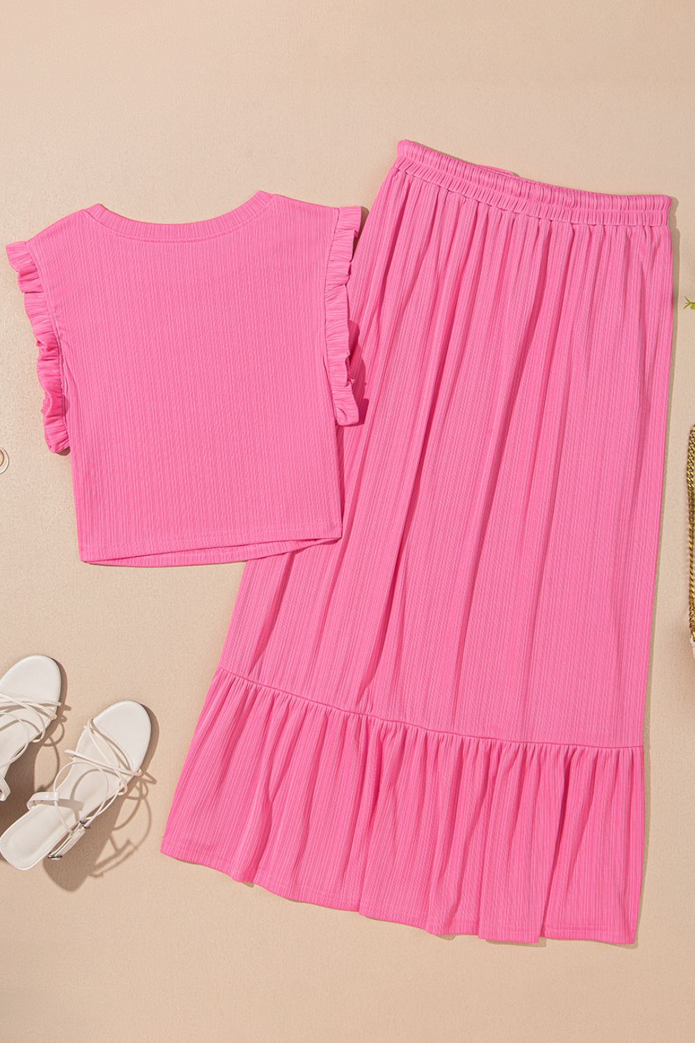 Ruffle Trim Round Neck Top and Drawstring Skirt Set.