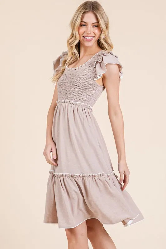 Lime N Chili Ruffle Trim Smocked Dress with Contrast.