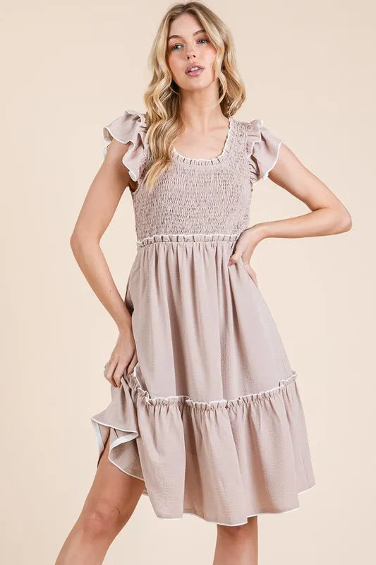 Lime N Chili Ruffle Trim Smocked Dress with Contrast.
