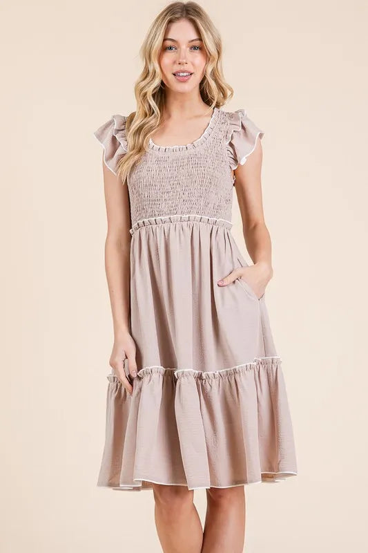 Lime N Chili Ruffle Trim Smocked Dress with Contrast.