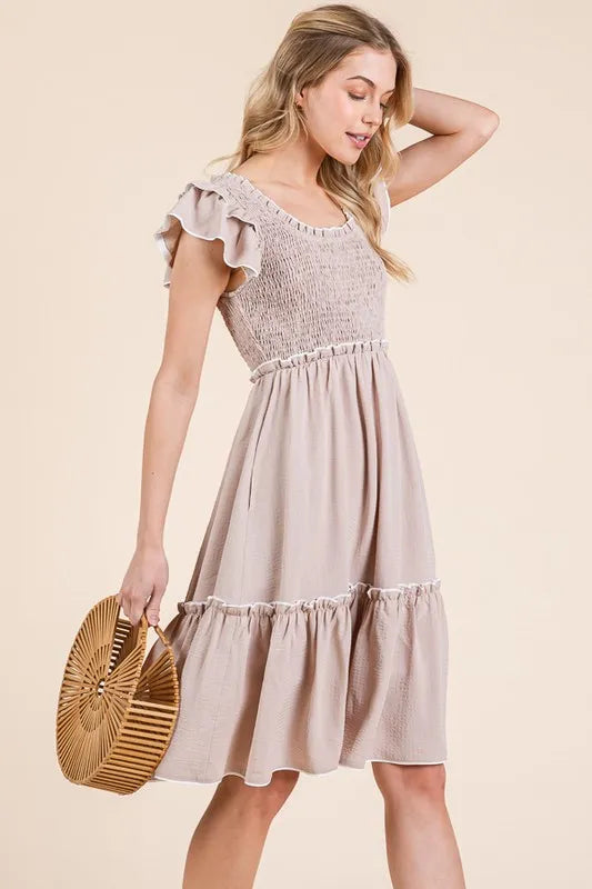 Lime N Chili Ruffle Trim Smocked Dress with Contrast.