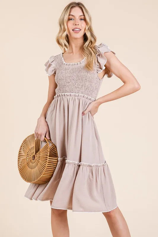 Lime N Chili Ruffle Trim Smocked Dress with Contrast.