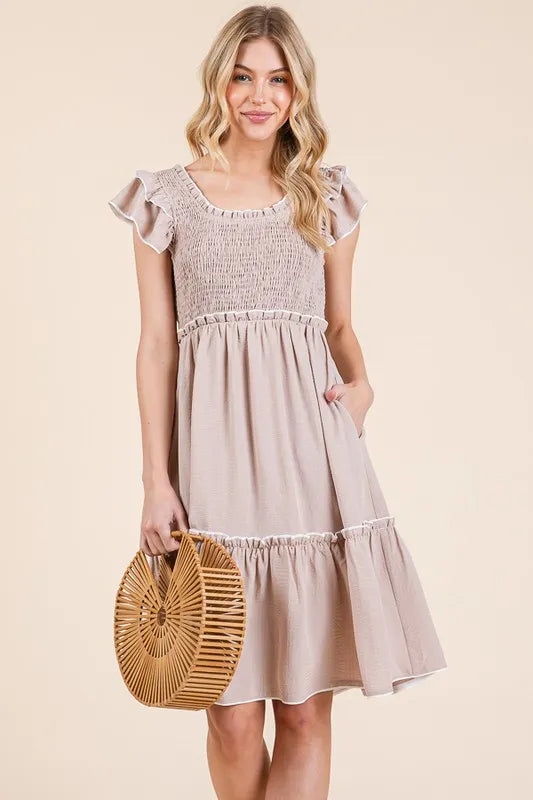 Lime N Chili Ruffle Trim Smocked Dress with Contrast.