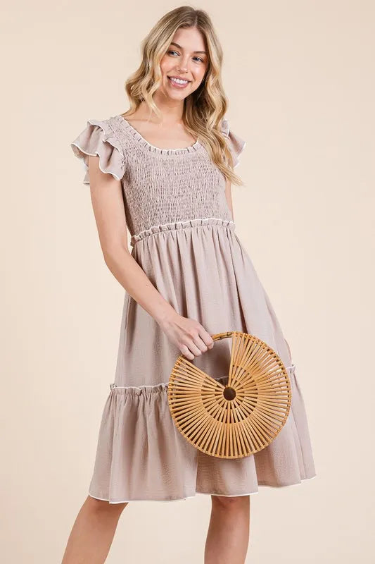 Lime N Chili Ruffle Trim Smocked Dress with Contrast.