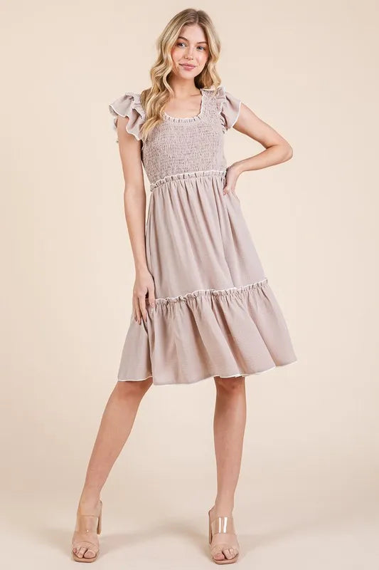 Lime N Chili Ruffle Trim Smocked Dress with Contrast.