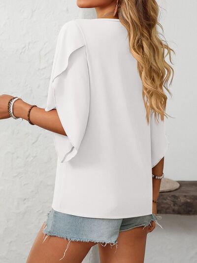 Mandy Ruffled Asymmetrical Neck Half Sleeve Blouse.
