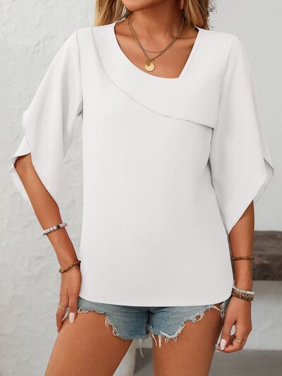 Mandy Ruffled Asymmetrical Neck Half Sleeve Blouse.