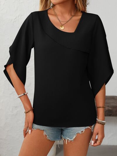 Mandy Ruffled Asymmetrical Neck Half Sleeve Blouse.