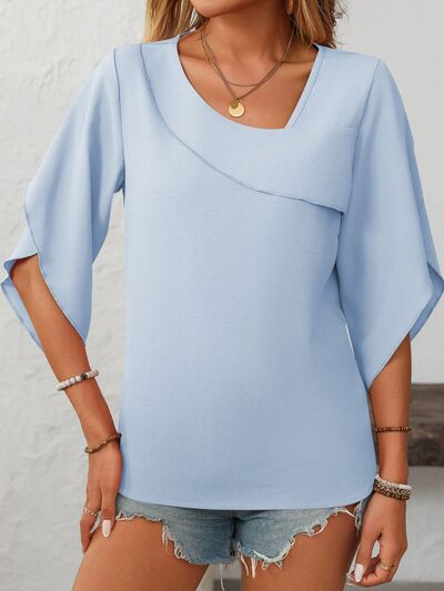 Mandy Ruffled Asymmetrical Neck Half Sleeve Blouse.