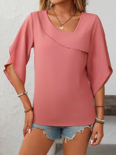 Mandy Ruffled Asymmetrical Neck Half Sleeve Blouse.