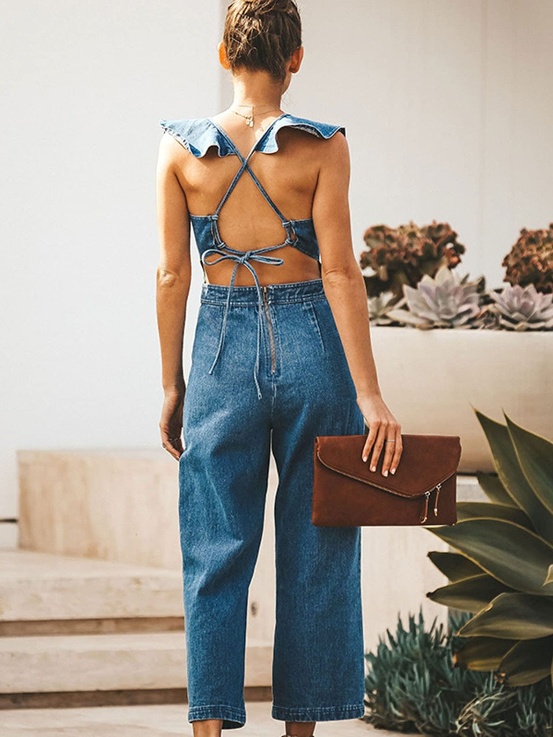 Ruffled Backless Sleeveless Denim Jumpsuit.