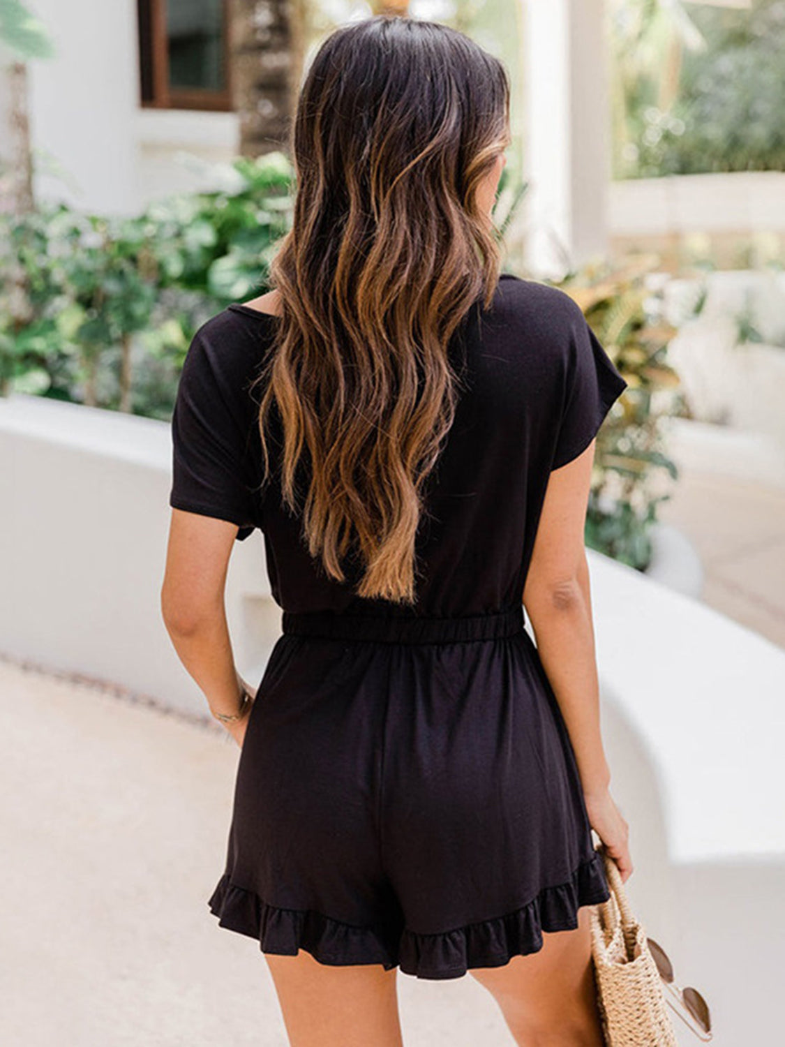 Ruffled Boat Neck Short Sleeve Romper with Pockets.