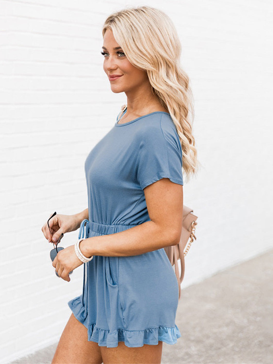 Ruffled Boat Neck Short Sleeve Romper with Pockets.