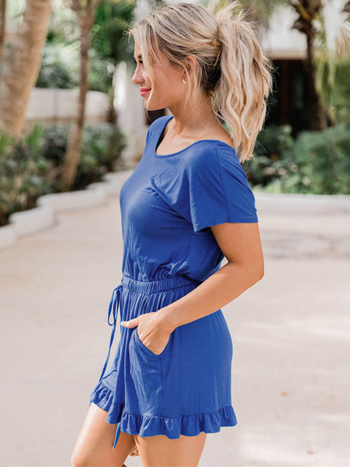 Ruffled Boat Neck Short Sleeve Romper with Pockets.