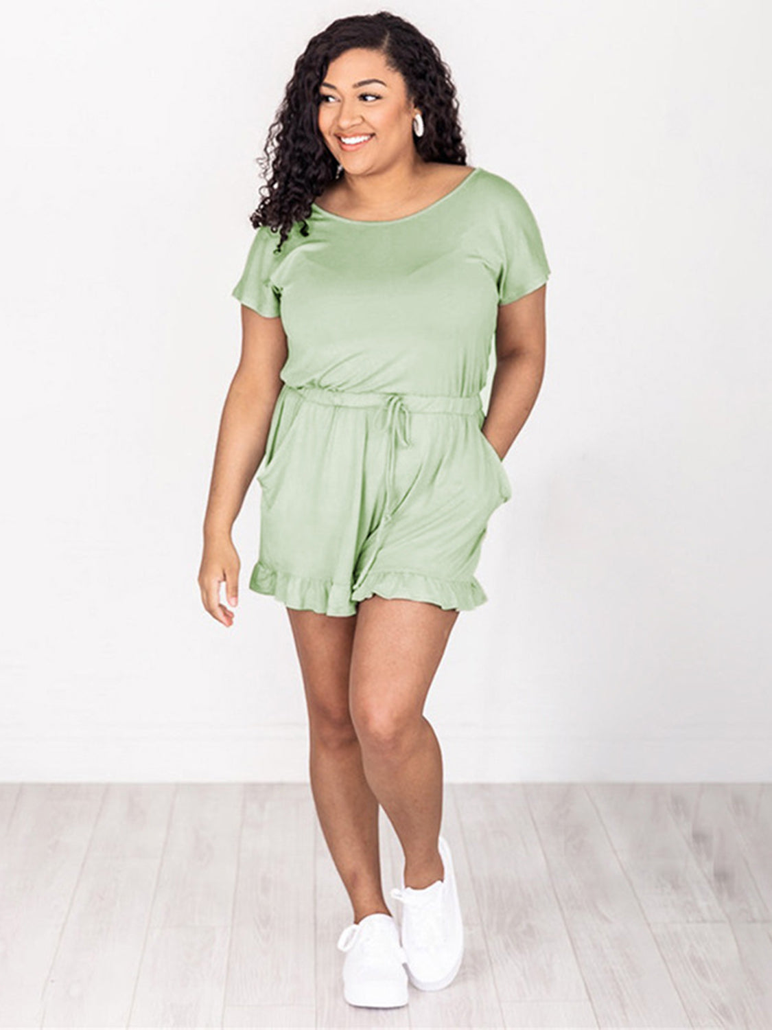Ruffled Boat Neck Short Sleeve Romper with Pockets.