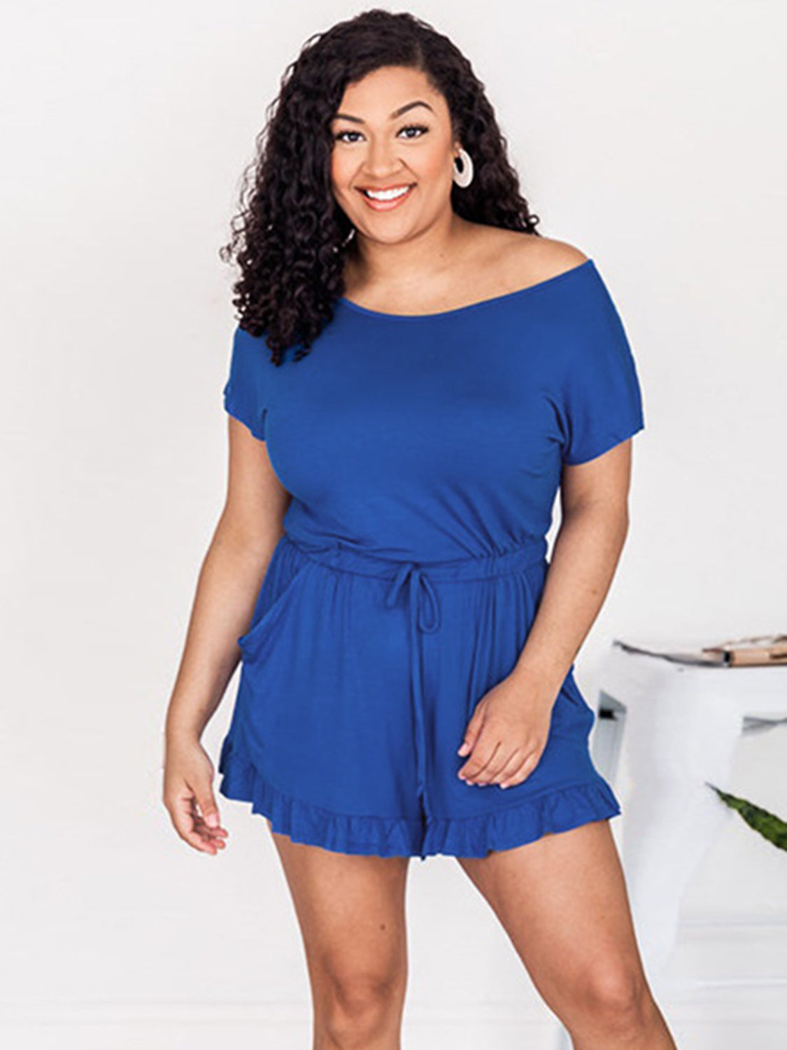 Ruffled Boat Neck Short Sleeve Romper with Pockets.