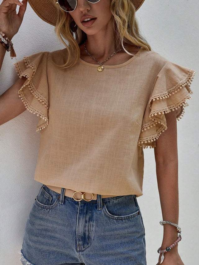 Ruffled Cap Sleeve Round Neck Blouse.