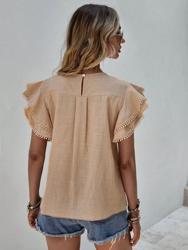 Ruffled Cap Sleeve Round Neck Blouse.