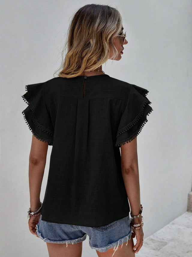 Ruffled Cap Sleeve Round Neck Blouse.
