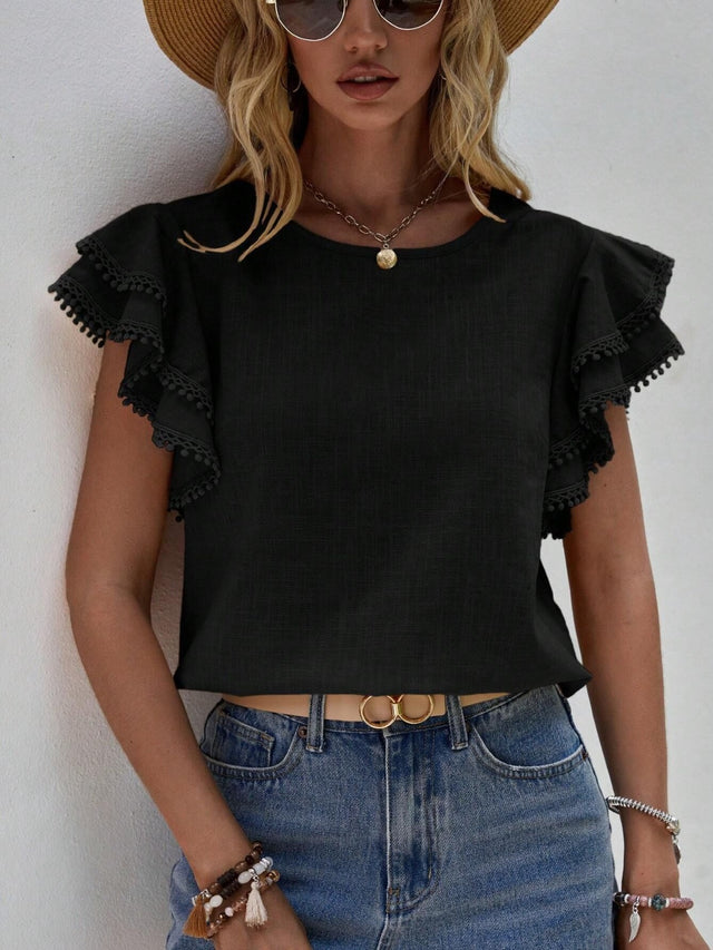 Ruffled Cap Sleeve Round Neck Blouse.